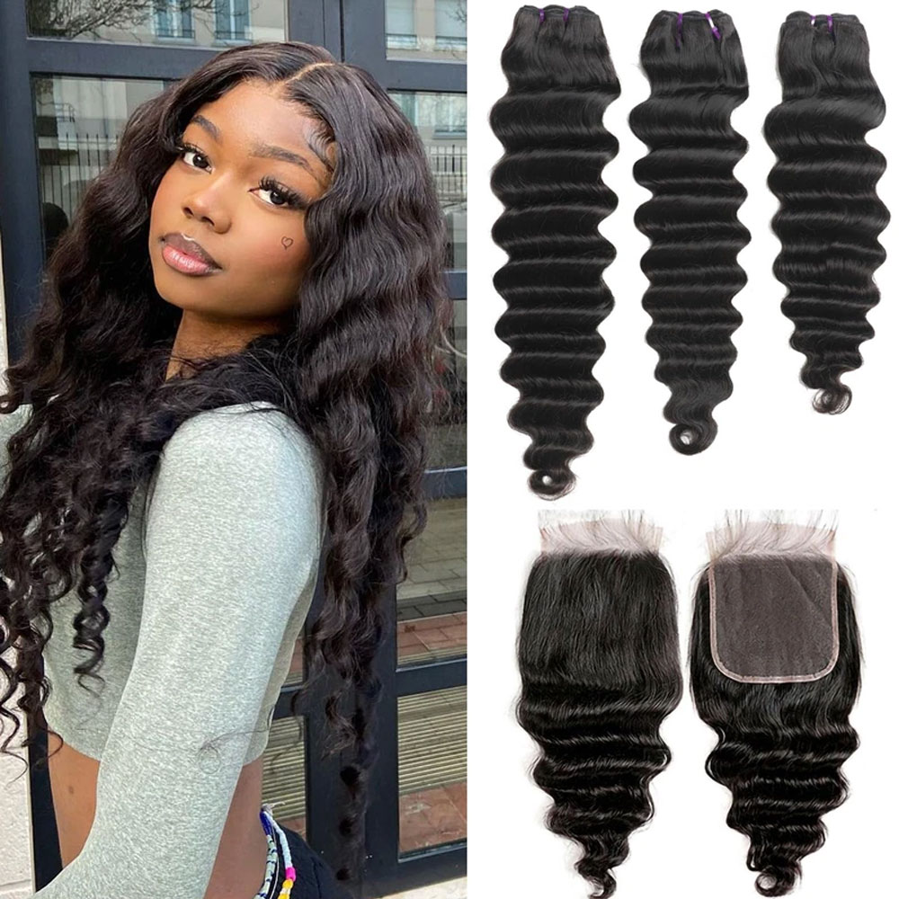 Deep Wave 3 Bundles With Closure - Paquetes de cabello humano ondulado suelto