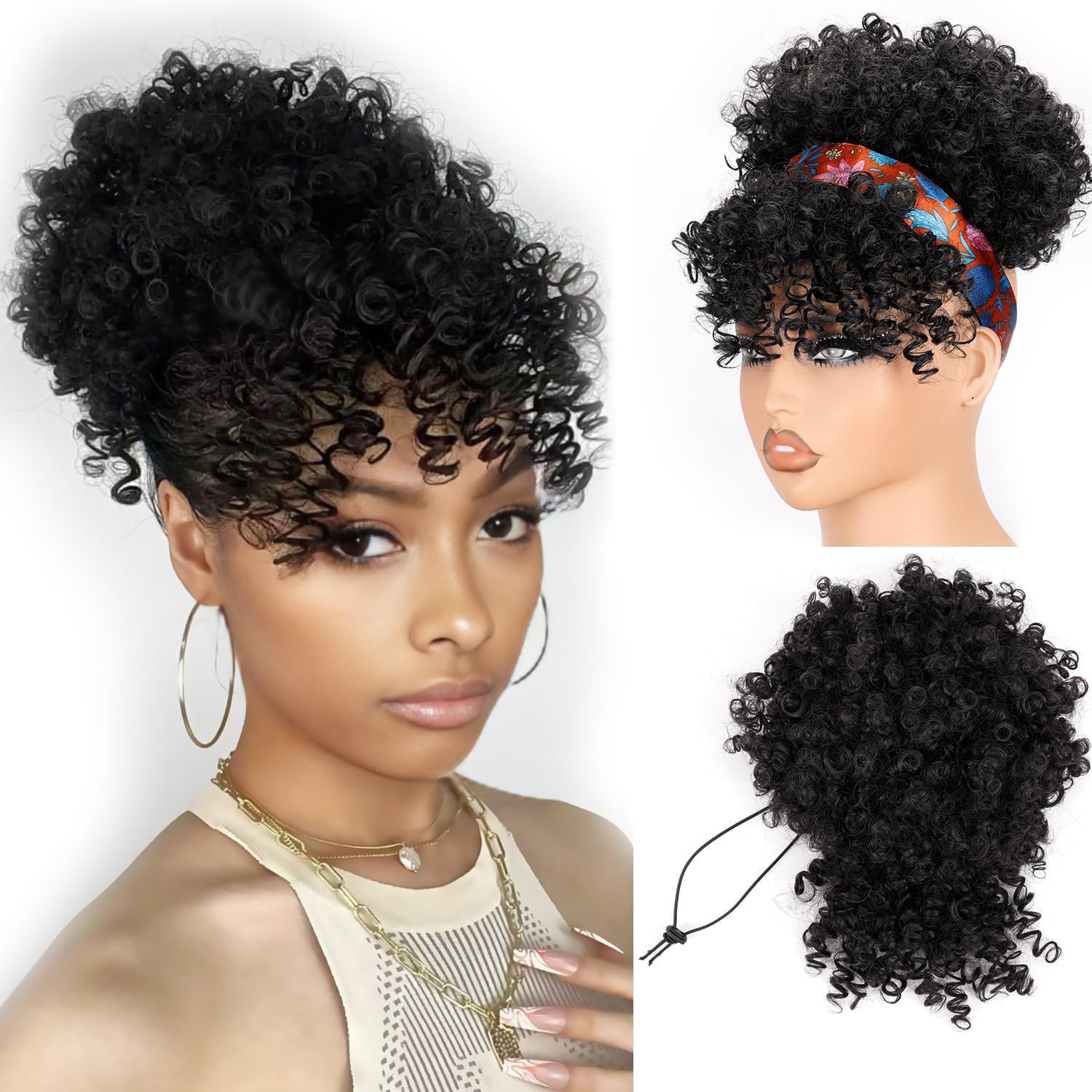 Drawstring Afro Curly Puff Ponytail - Cola de Caballo Corta con Flequillo,