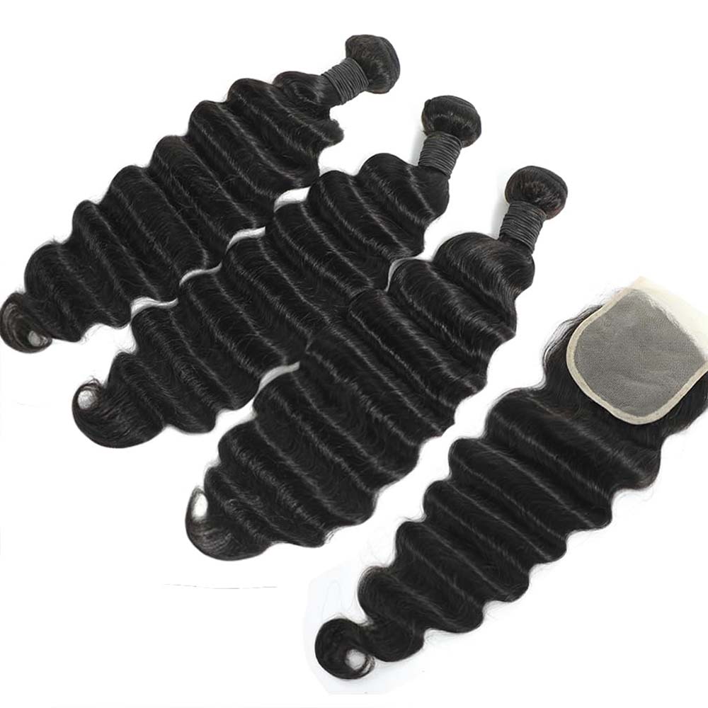 Deep Wave 3 Bundles With Closure - Extensiones de Cabello Humano Ondulado Profundo